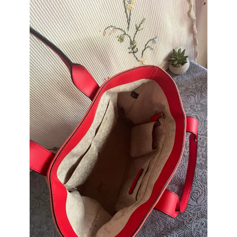 Michael Kors Red Woven Canvas Leather Tote Bag Gold MK Medallion Signature